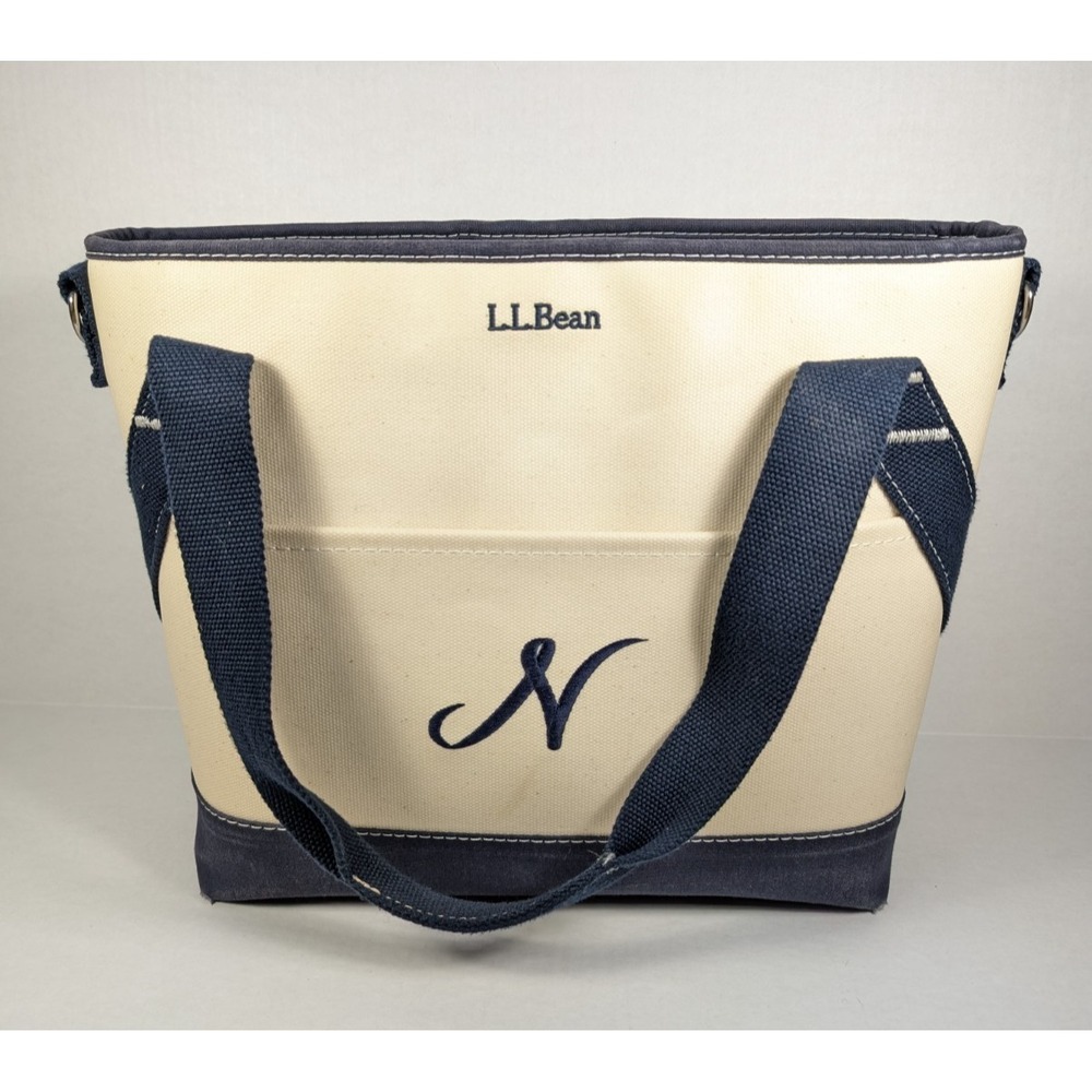 LL Bean Insulated Tote Bag N Monogram Beige Blue Straps Canvas Cooler Beach Camp